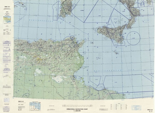 ONC G-2: Available: Operational Navigation Chart for Italy, Mediterranean Sea, Tunesia, Algeria, Lybia Available ! additional charts available within five working days. E-mail your requirements.  ONC G-2