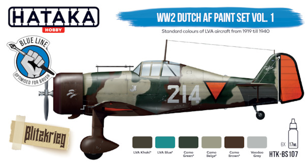 WW2 Dutch AF paint set vol. 1 (6 colours) Standard Colours of LVA aircraft from 1919 till 1940  Optimised for Brushpainting  HTK-BS107